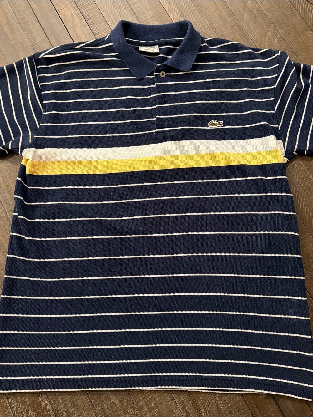 Lacoste Navy, White & Yellow Stripe Polo Shirt